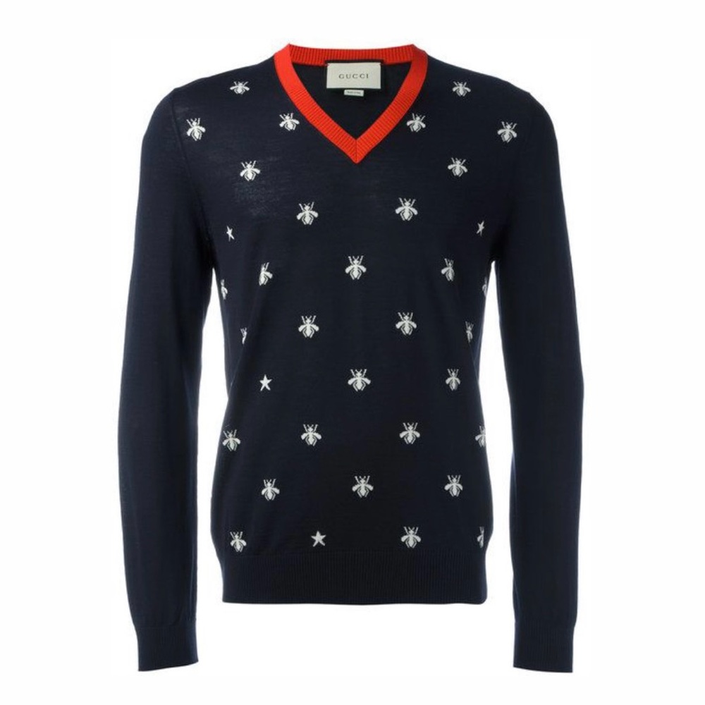 Gucci Navy Bee Embroidered Men's Sweater